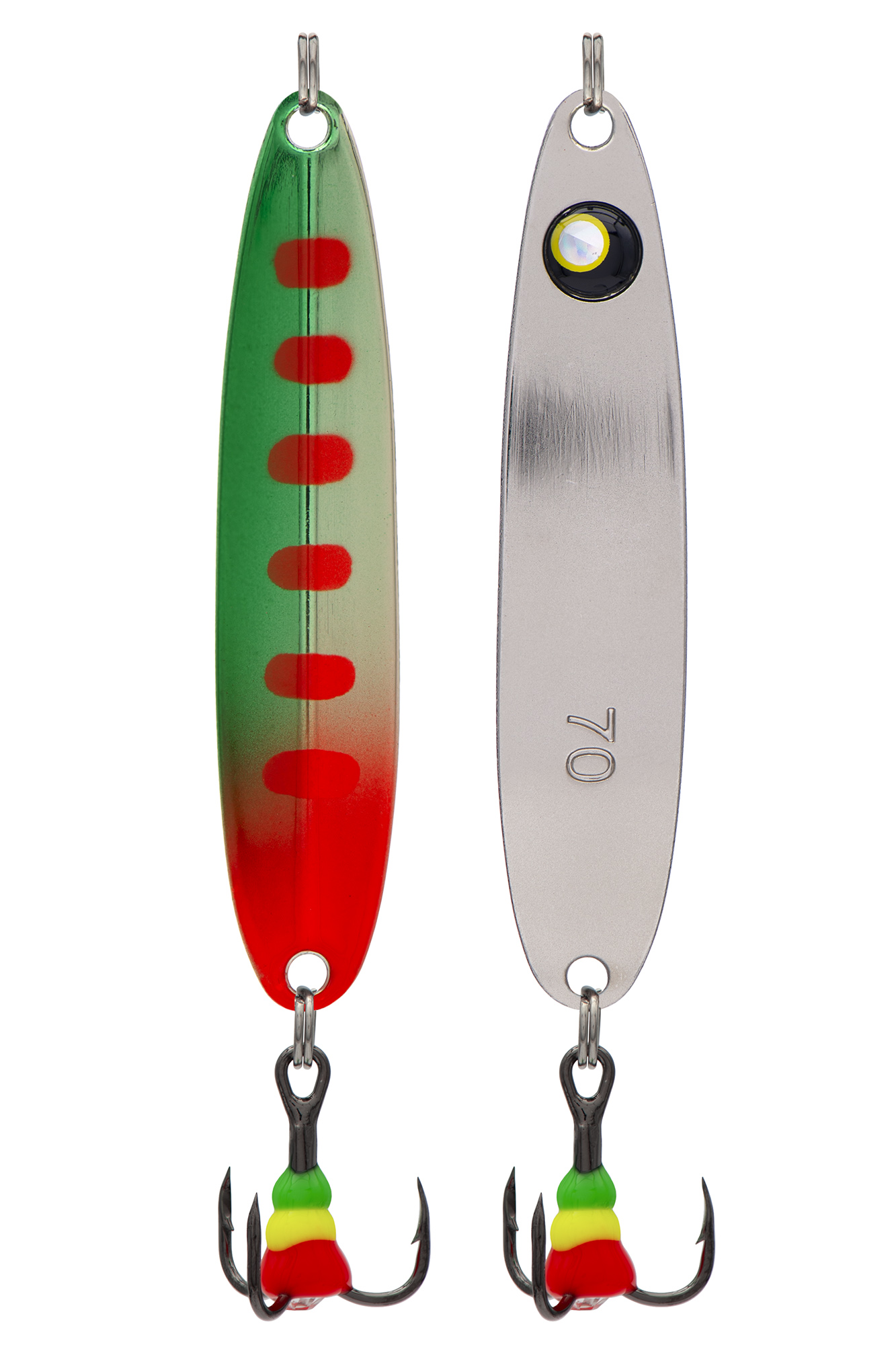 Блесна зимняя 5813, вес 15,0 гр, длина 70 мм, цвет серебро с глазом/зеленый с красными точками 166#