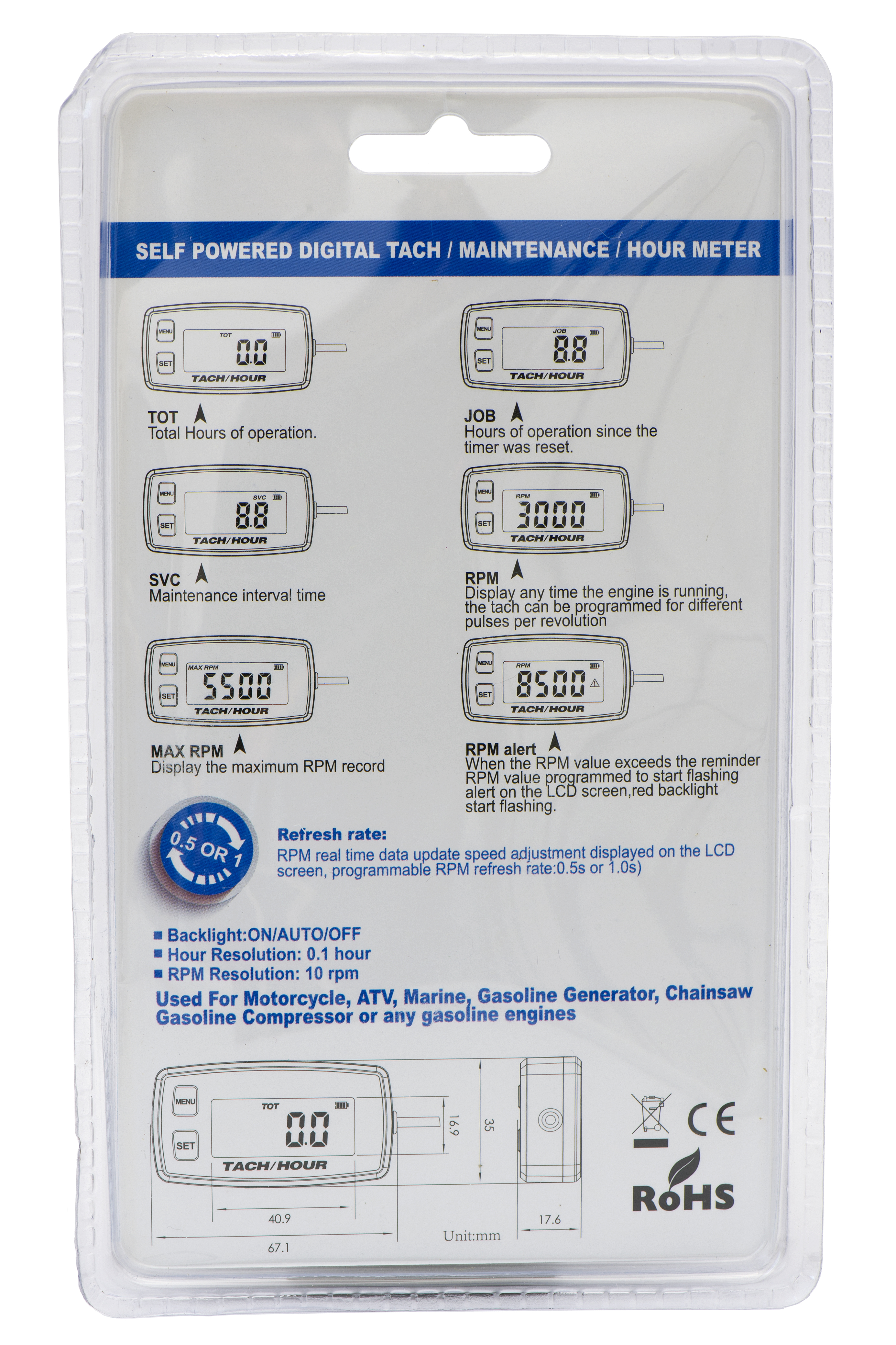 Тахометр/счетчик моточасов SEANOVO HM-032R провод 1,7м Тахометр/счетчик моточасов SEANOVO HM-032R провод 1,7м