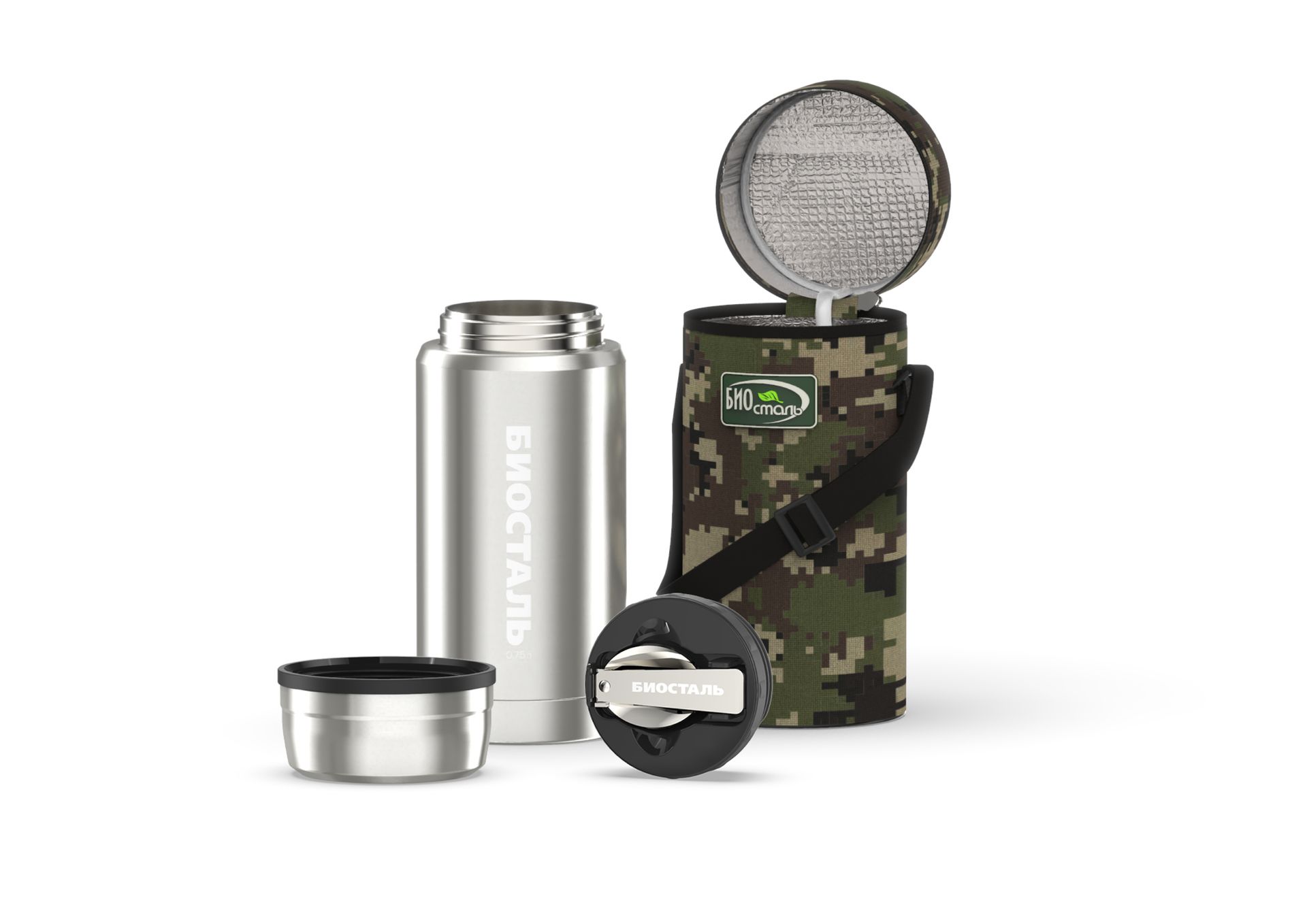 Термос "Biostal-Охота" ш/г, суповой с ложкой, термочехол, NTS-750B, емкость 0.75 л