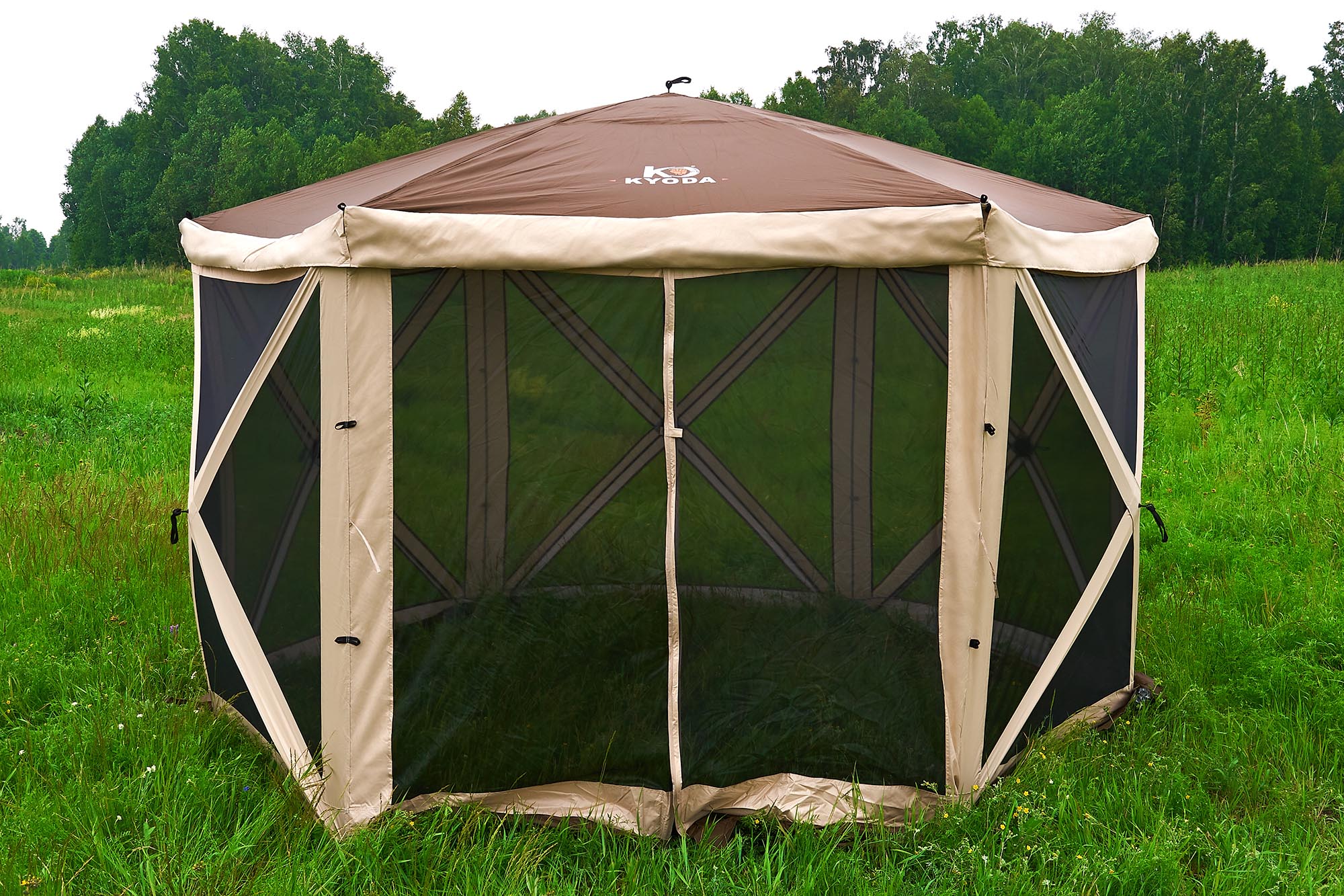 Шатер туристический KYODA 6 сторон, р.342*342*226см, плотн190Т, 210D, столб воды 3000мм, вес 12,5 кг Шатер туристический KYODA 6 сторон, р.342*342*226см, плотн190Т, 210D, столб воды 3000мм, вес 12,5 кг
